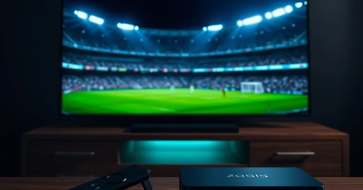 Fernseher zeigt ein Fußballstadion bei Flutlicht, davor liegen ein Streaming-Stick und eine kompakte Media-Box im dunklen Wohnzimmer
