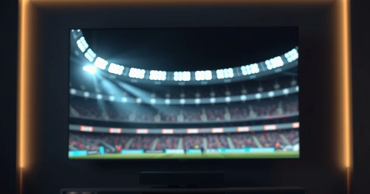 Dunkles, premium Wohnzimmer mit Streaming-Box unter einem großen Fernseher, der ein 4K-Fußballstadion in warmem Flutlicht zeigt