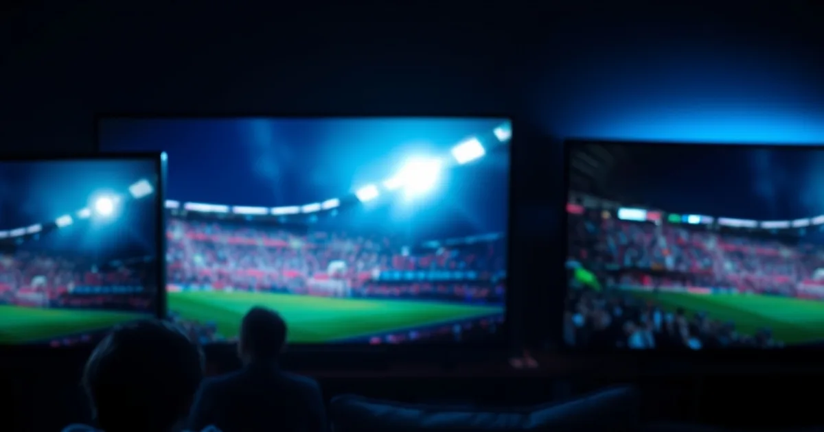 Drei 4K-Fernseher mit unterschiedlichen IPTV-Streaming-Geräten zeigen gleichzeitig ein Live-Fußballspiel in einem abgedunkelten Raum, im Vordergrund ein Laptop mit Netzwerk-Diagnosedaten.