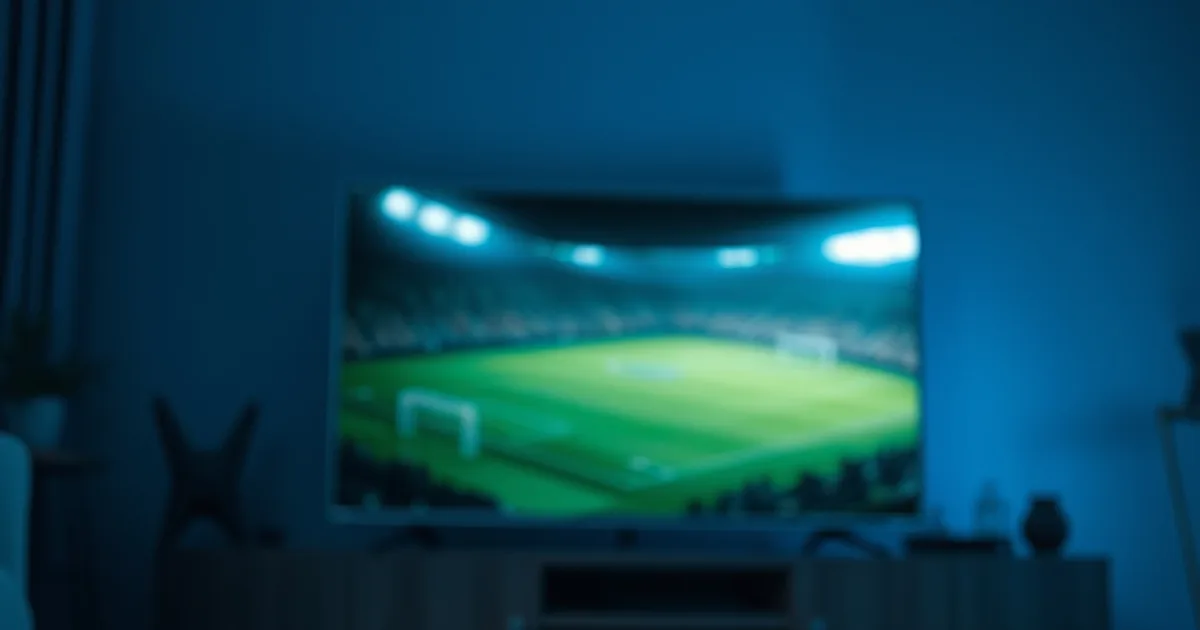 Dunkles Wohnzimmer bei Nacht mit einer schwarzen Streaming-Box und Fernbedienung vor einem Fernseher, dessen Bildschirm im Glanz eines Fußballstadions leuchtet
