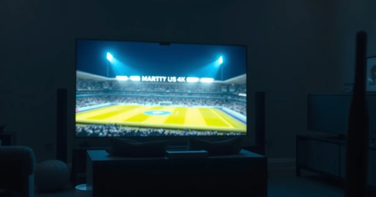Dunkles Wohnzimmer bei Nacht, im Hintergrund ein großer 4K-Bildschirm mit beleuchtetem Fußballstadion, im Vordergrund ein leuchtender WLAN-Router