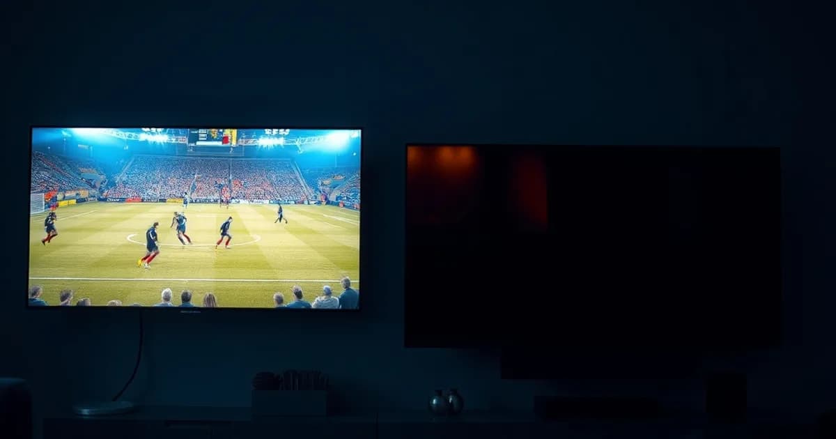 Dunkles Wohnzimmer mit zwei Fernsehern nebeneinander, ein Bildschirm zeigt ein live Fußballspiel, der andere bleibt dunkel, als Symbol für die Wahl zwischen nur einem Streaming-Abo