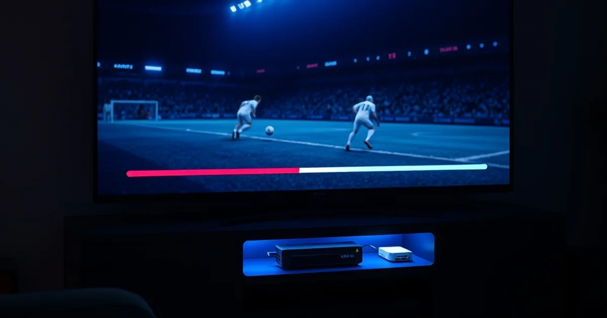 Dunkles Wohnzimmer mit 4K-Fernseher, der ein pausiertes Fußballspiel zeigt, daneben eine externe Festplatte für die Aufnahme
