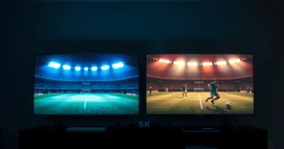 Zwei nebeneinander leuchtende Fernsehbildschirme in einem abgedunkelten Wohnzimmer, davor Streaming-Geräte und ein Router auf einer dunklen Konsole