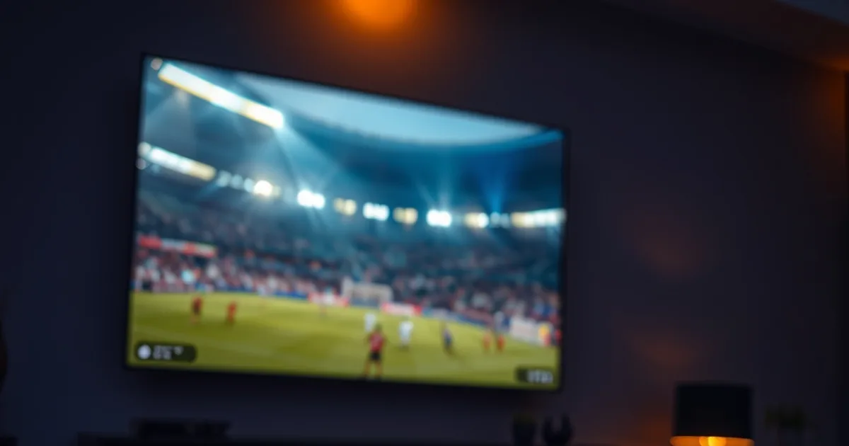 Dunkles Wohnzimmer mit leuchtendem Fernseher, WiFi-Mesh-Router und Tablet, auf denen parallel Bundesliga-Streams laufen