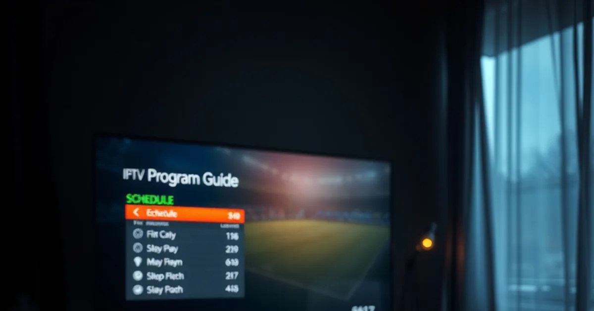 Dunkles Wohnzimmer mit TV-Bildschirm, der eine IPTV-Programmübersicht mit leerer Spielplan-Zeile neben einem Fußballfeld-Vorschaubild zeigt