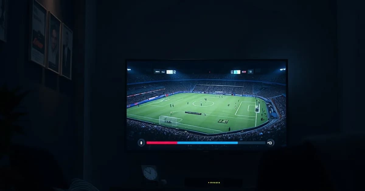 Dunkles Wohnzimmer nachts, Fernseher zeigt eingefrorenes Fußball-Bild mit Ladesymbol, Router mit blinkenden Lichtern im Hintergrund