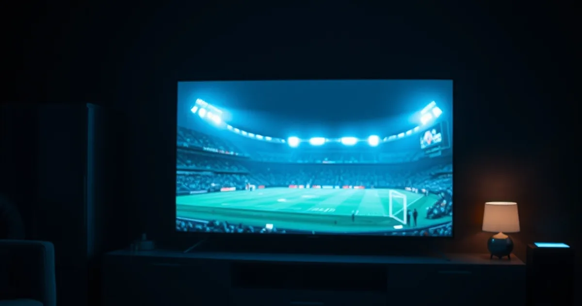 Dunkles Wohnzimmer mit großem 4K-Fernseher, dessen Bildschirm im kühlen Licht eines Stadionflutlichts leuchtet, davor eine Streaming-Box mit Fernbedienung