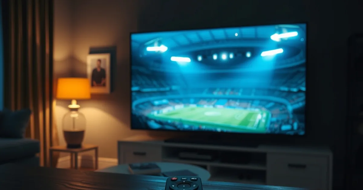 Dunkles Wohnzimmer mit großem Fernseher, der ein Flutlicht-Stadion während eines Pokalspiels zeigt, Fernbedienung im Vordergrund