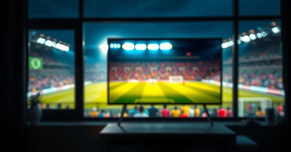 Dunkles Wohnzimmer mit großem 4K-Bildschirm, der eine Fußballstadion-Atmosphäre bei Flutlicht zeigt, Smartphone im Vordergrund