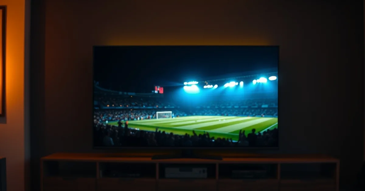 Dunkles, cinematisches Wohnzimmer mit einem großen Bildschirm, der ein nächtliches Fußballstadion unter Flutlicht zeigt, im Vordergrund ein Streaming-Player auf einer Konsole