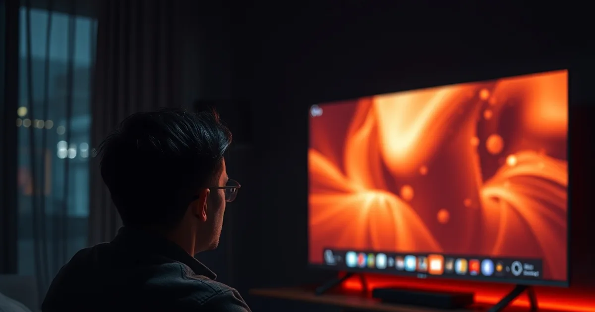 Person prüft konzentriert die 4K-Bildqualität eines IPTV-Streams auf dem Fernseher