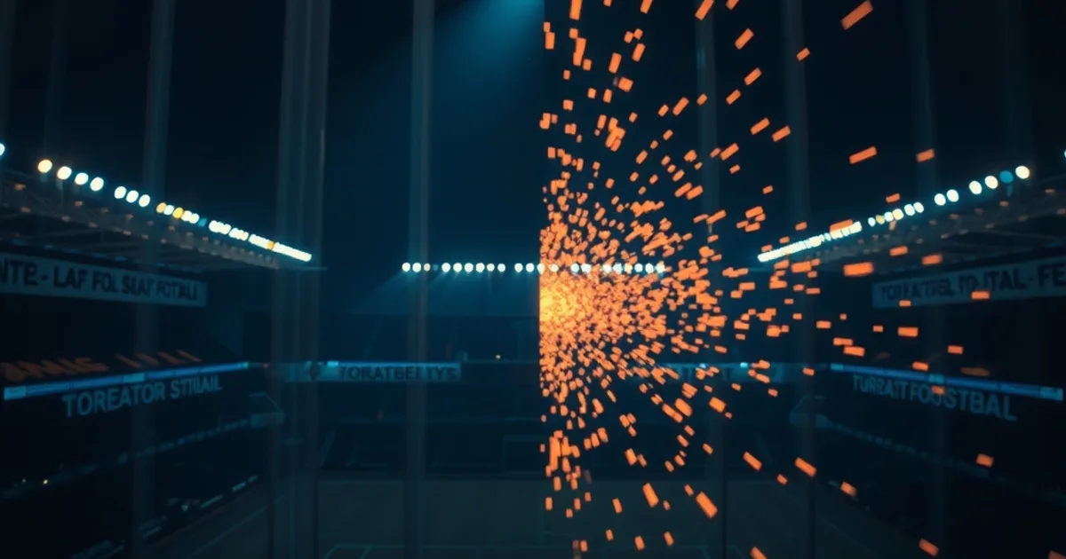 Nächtliche Stadionszene mit zwei kontrastierenden Lichtströmen, die einen glatten und einen fragmentierten Datenfluss symbolisieren