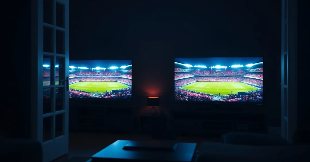 Zwei Räume mit je einem leuchtenden Fernseher, die gleichzeitig Fußballspiele in 4K zeigen, im Vordergrund ein Router mit Netzwerkkabeln