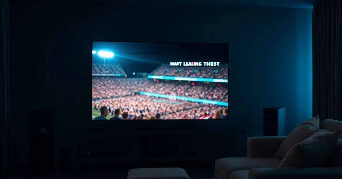 Dunkles Wohnzimmer mit Heimkino-Setup, Fernseher zeigt ein Fußballstadion, Soundbar und Surround-Lautsprecher im Vordergrund