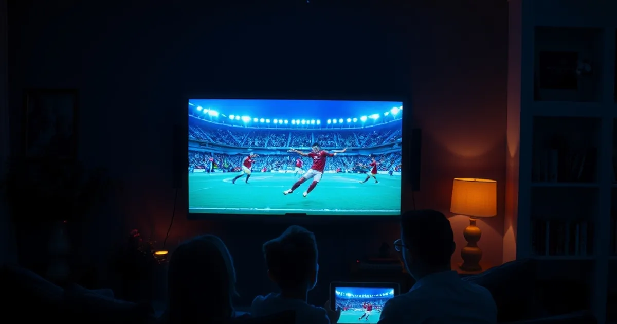Dunkles Wohnzimmer bei Nacht, Familie schaut gemeinsam Fußball auf einem großen Bildschirm, im Hintergrund ein zweites Gerät mit Streaming-Bild, subtile Lichtlinien im Raum als Sinnbild für Datenschutz