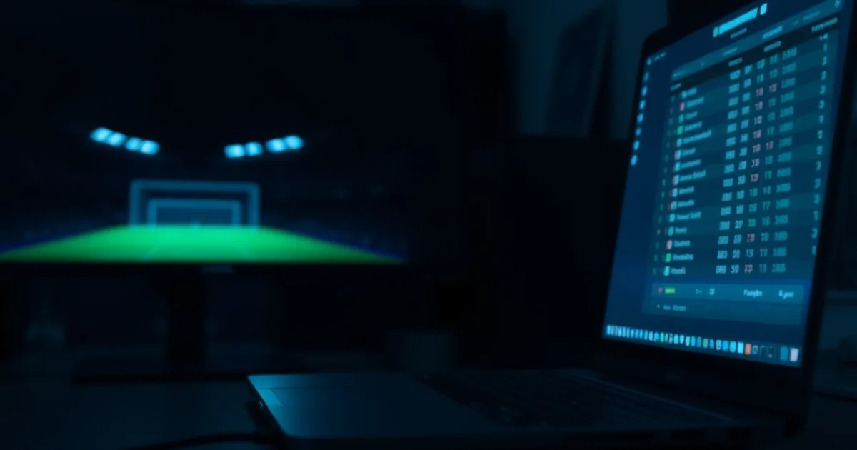 Laptop mit Fußball-Livestream auf dem Bildschirm in einem abgedunkelten Homeoffice, Ethernet-Kabel im Vordergrund