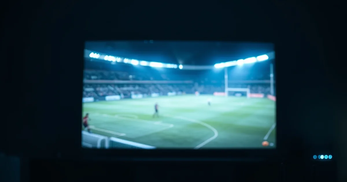 Dunkles Wohnzimmer nachts, ein 4K-Fernseher zeigt ein eingefrorenes, pixeliges Bundesliga-Spiel mit sichtbaren Ladeartefakten, im Hintergrund ein Router mit blinkenden Lichtern