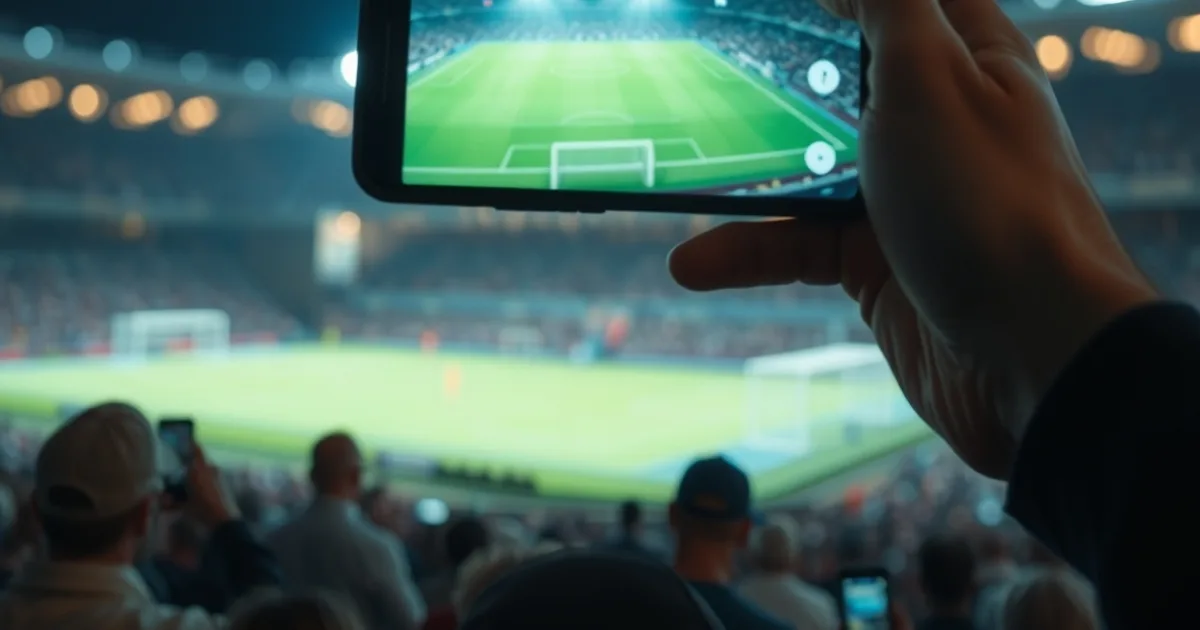 Eine Hand hält bei Nacht ein Smartphone mit einem laufenden Fußball-Livestream, im unscharfen Hintergrund leuchten Flutlichter eines Stadions