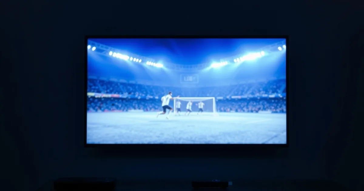 Ein Samsung Smart TV im dunklen Wohnzimmer zeigt ein eingefrorenes Live-Fußballbild, daneben liegt unscharf ein Streaming-Stick auf einem Regal.