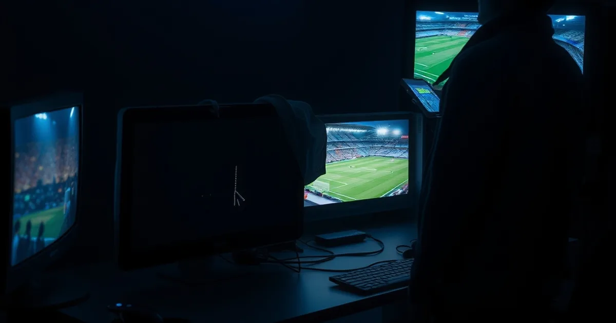 Dunkler Raum mit mehreren Bildschirmen, auf einem ist ein fehlerhaftes, verpixeltes Streaming-Signal zu sehen, während im Hintergrund ein Fußballstadion auf einem anderen Screen erkennbar ist.