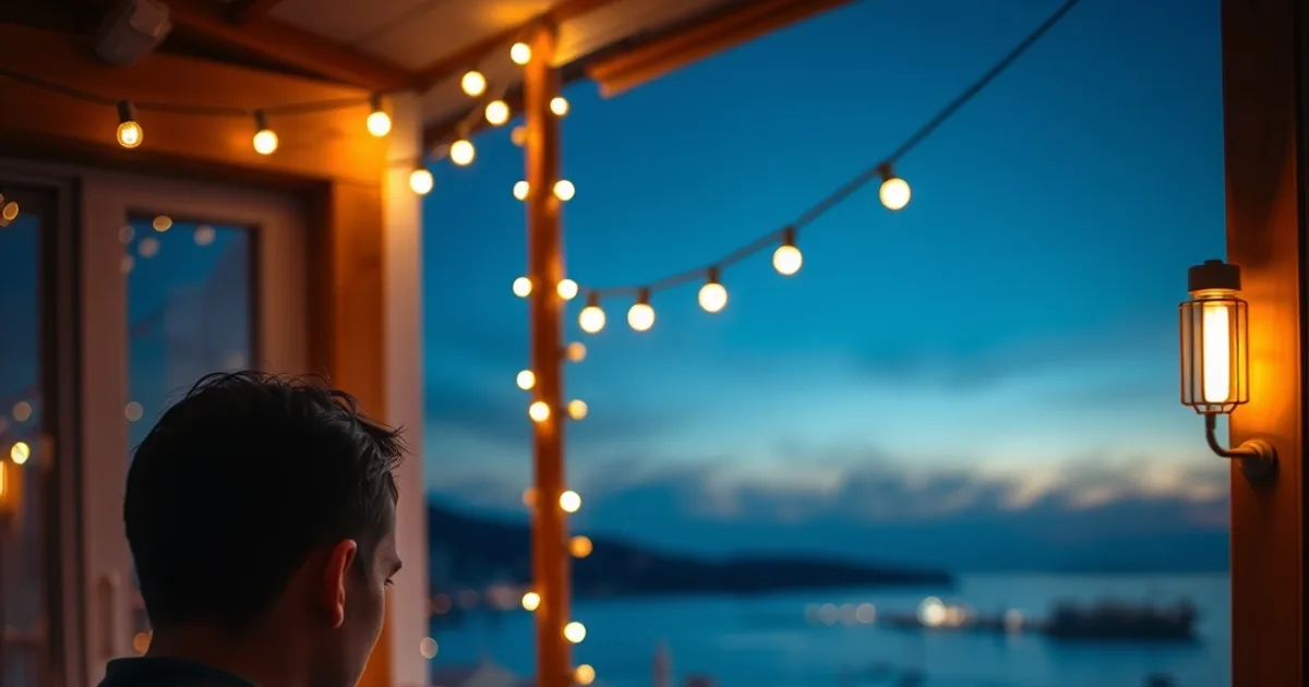 Person streamt ein Fußballspiel auf einem Tablet auf einem Hotelbalkon am Mittelmeer bei Dämmerung