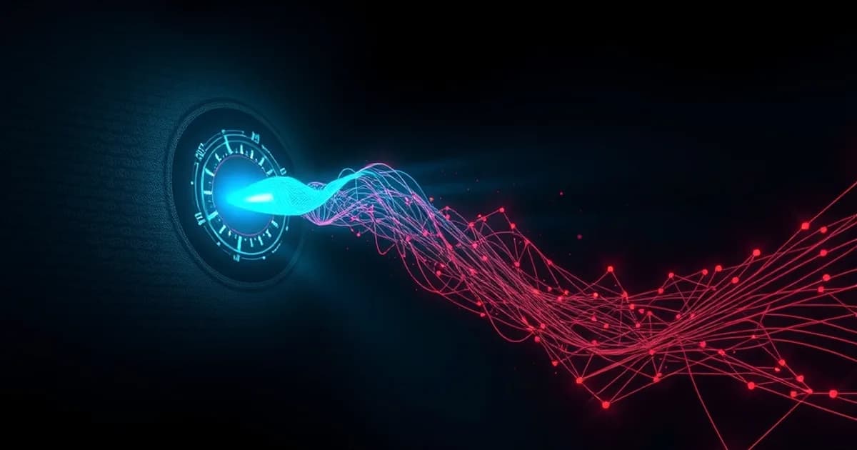 Dunkle, cineastische Illustration eines VPN-Tunnels, der sich auflöst und dahinter ein Netz aus roten Überwachungs-Datenlinien freigibt, im Vordergrund ein leuchtender Router.