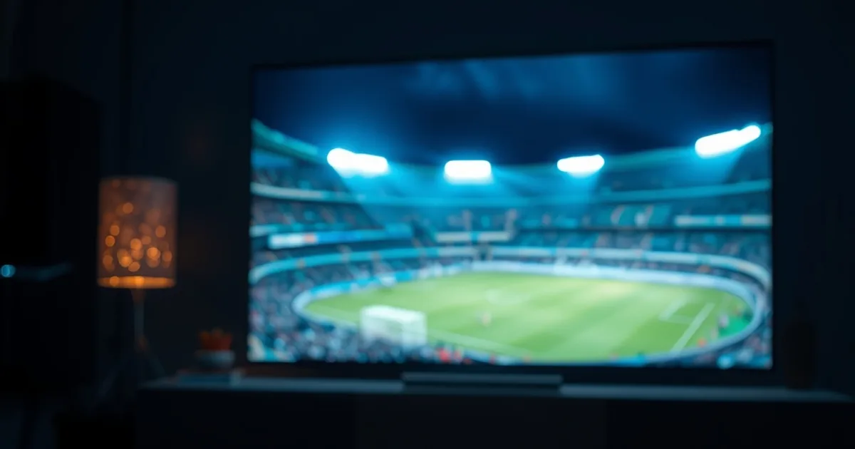 Dunkles Wohnzimmer mit Fernseher, der ein Fußballstadion zeigt, davor Euromünzen und zwei Fernbedienungen auf einem Tisch als Symbol für den Kostenvergleich
