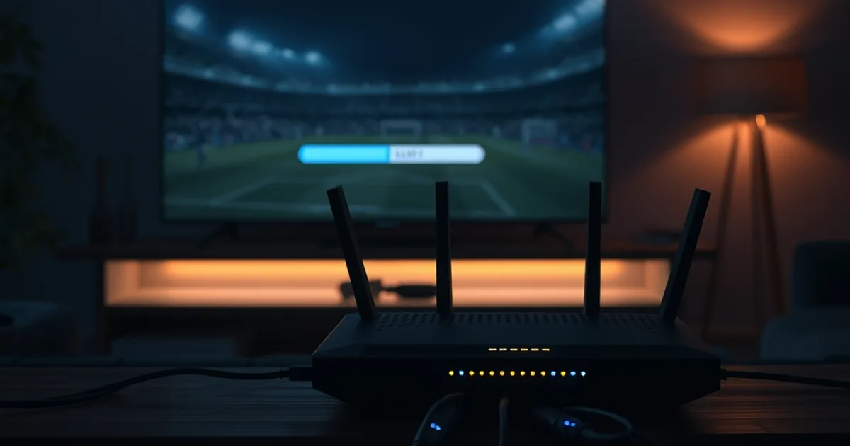 Dunkles Wohnzimmer bei Nacht: Router mit blinkenden LEDs im Vordergrund, im Hintergrund ein 4K-Fernseher mit puffernder Fußball-Live-Übertragung