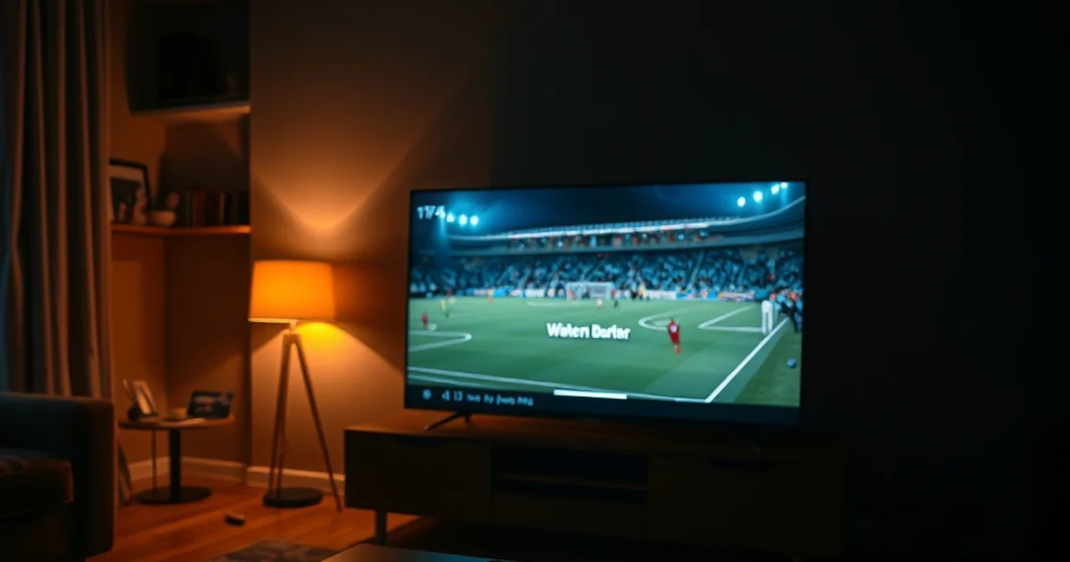 Wohnzimmer bei Nacht: Fernseher mit eingefrorenem Fußballspiel im Hintergrund, Smartphone im Vordergrund zeigt bereits einen bereitstehenden zweiten Live-Stream
