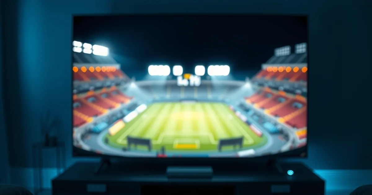 Dunkles Wohnzimmer mit großem 4K-Fernseher, der das Flutlicht eines Fußballstadions widerspiegelt, IPTV-Streaming-Box im Vordergrund